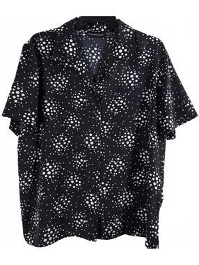 Impressions Black and White Polka Dot Short Sleeve Button-Up Shirt Size L